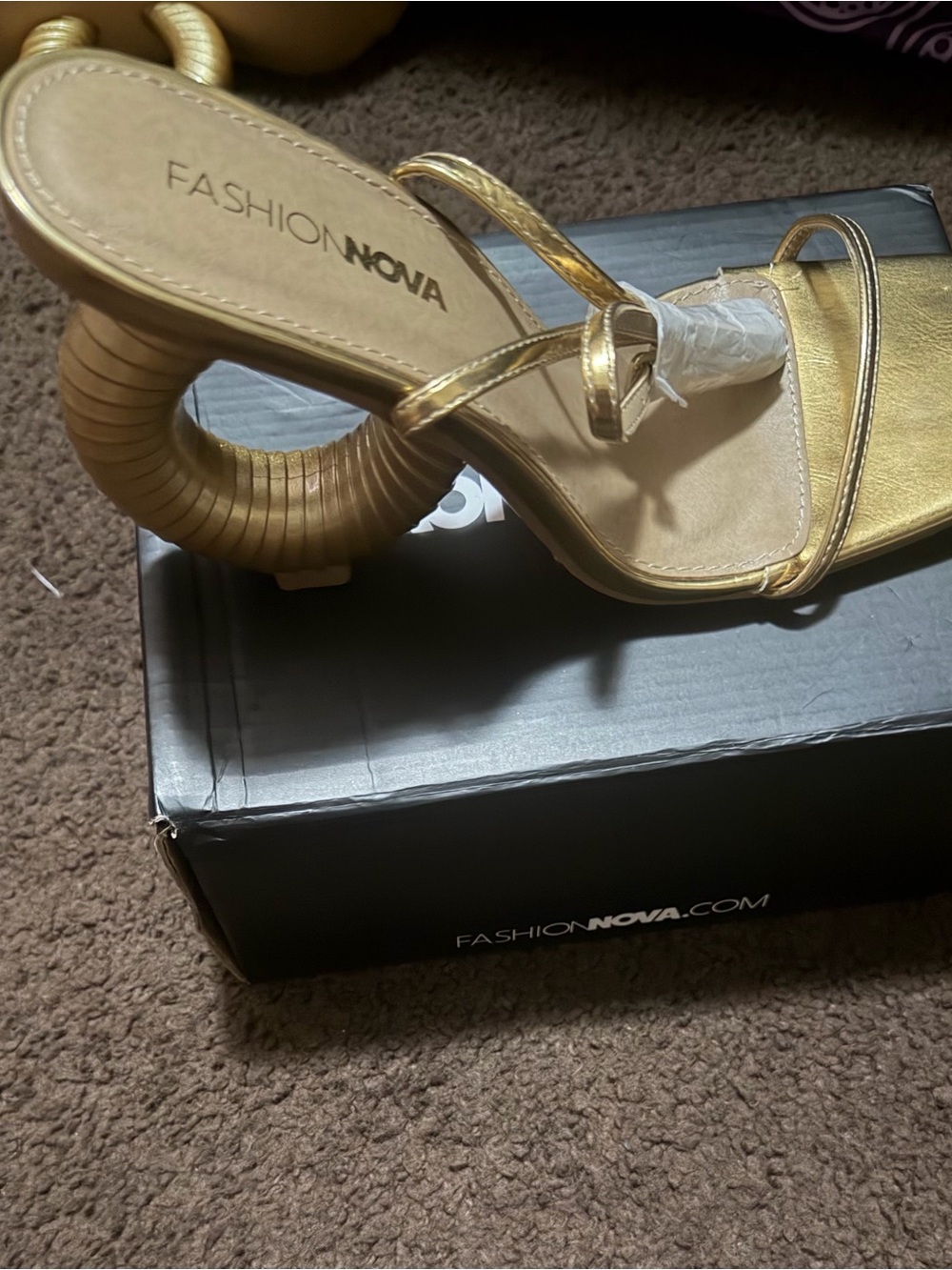 Fashion Nova Metallic Gold Curved-Heel Strappy Sandals